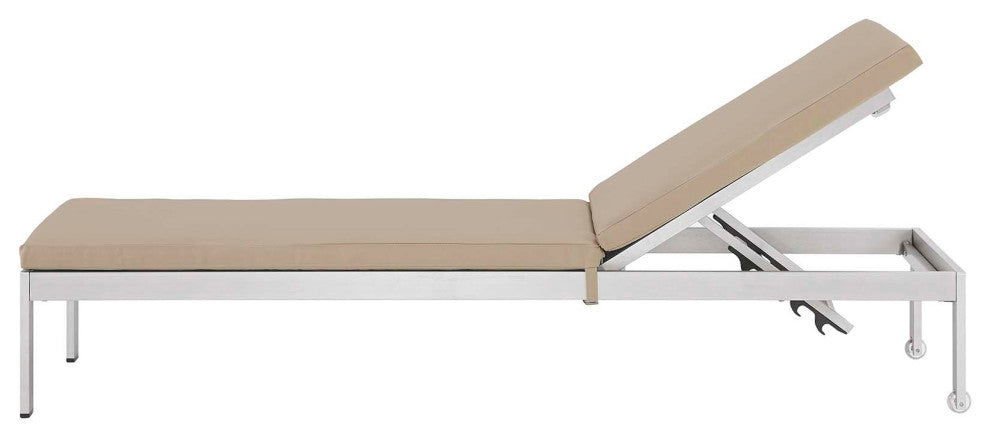 Lounge Chair Chaise, Aluminum, Metal, Silver Beige, Modern, Outdoor Patio Cafe