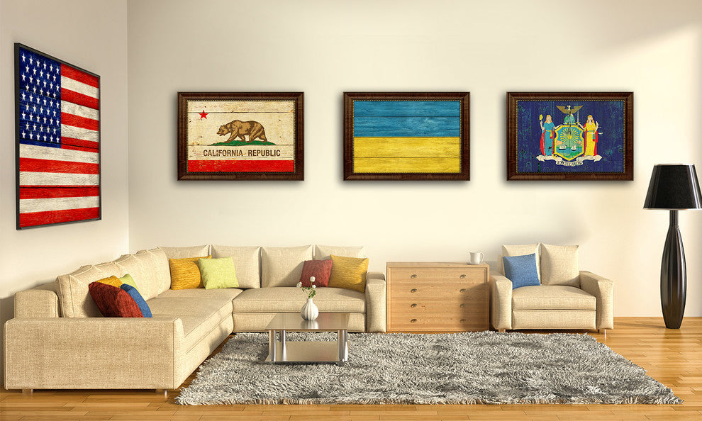 Ukraine Country Textured Flag Print With Brown Gold Frame, 19"X27"