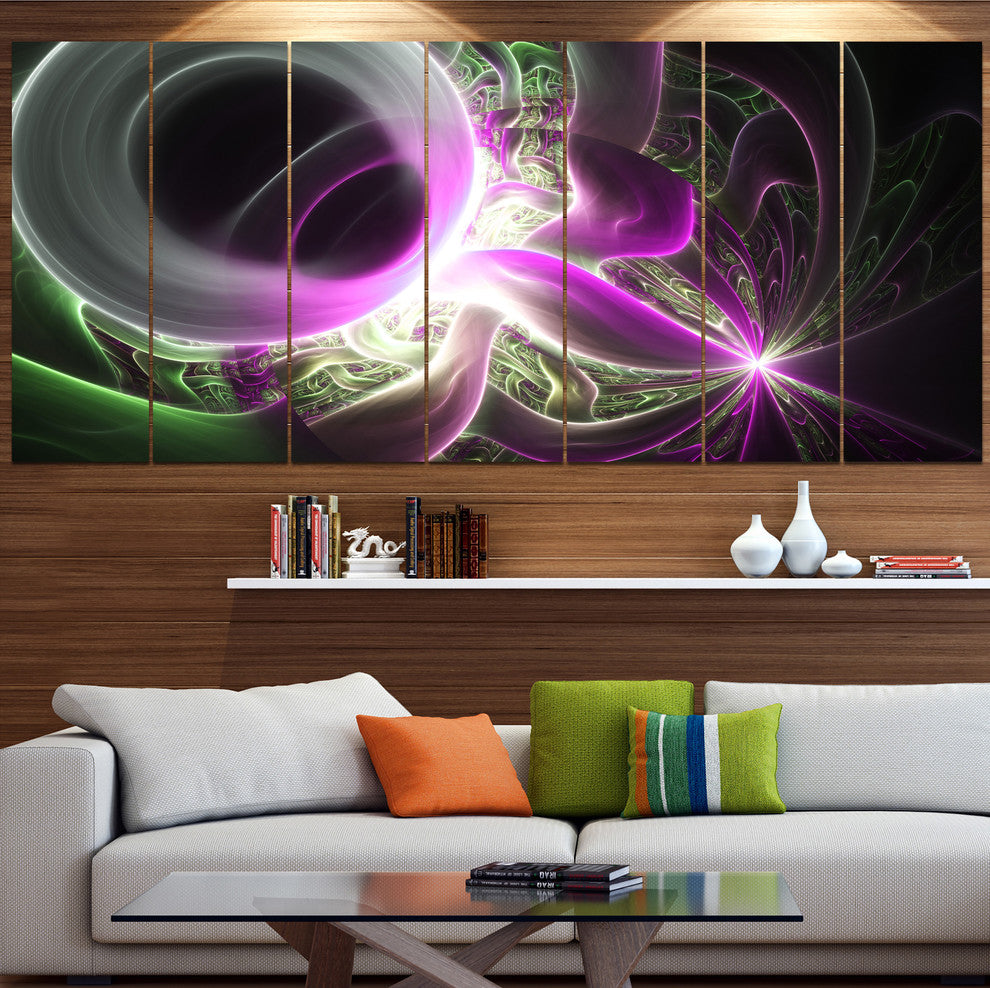 Light Purple Designs on Black, Abstract Wall Art Canvas, 83"x32", 7 Panels
