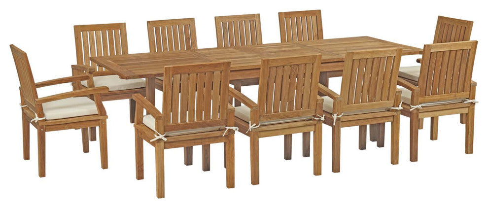 Natural White Marina 11 Piece Outdoor Patio Teak Outdoor Dining Set