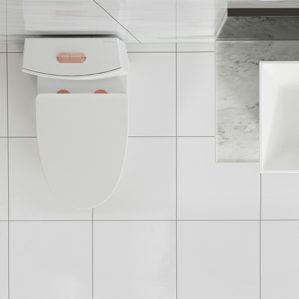 St. Tropez Elongated Toilet Dual Vortex Flush Glossy White, Rose Gold Hardware