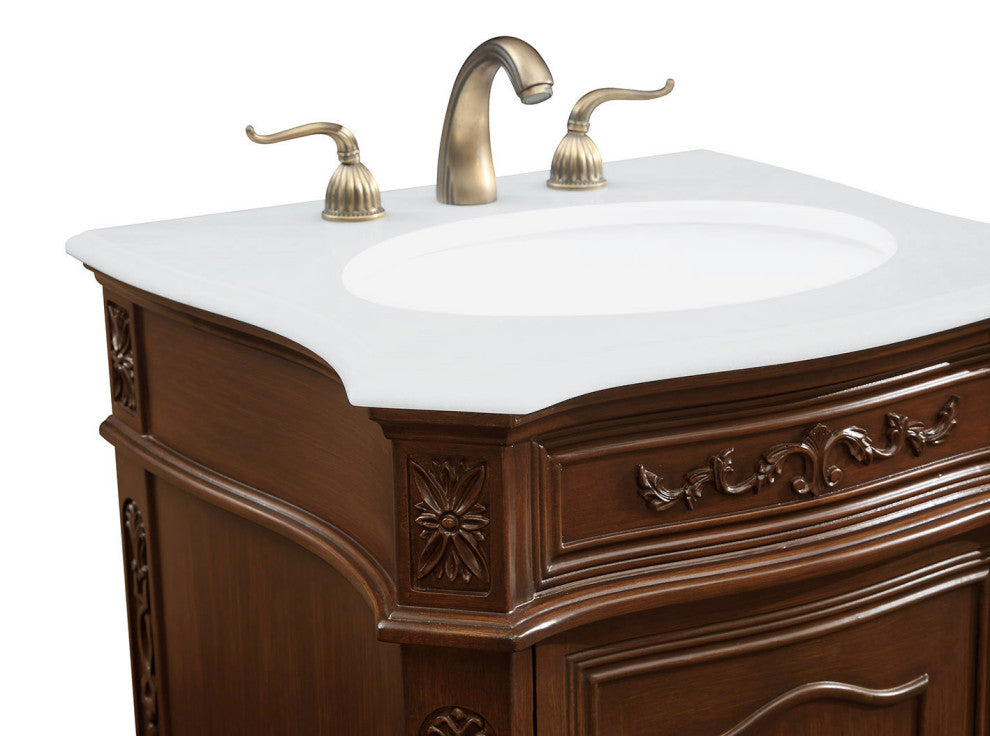 24" Single Bathroom Vanity in brown, with Ivory White Engineered Marble