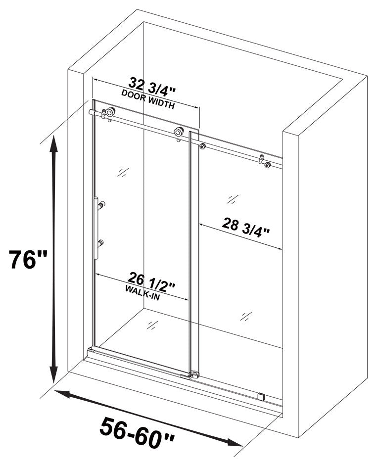 WoodBridge 56-60"Wx76"H Frameless Sliding Shower Door, Brushed Nickel