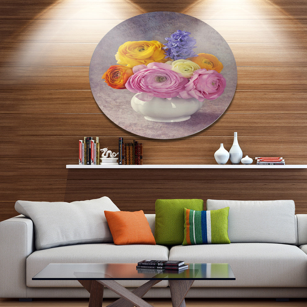 Multicolor Ranunculus Flowers In Vase, Floral Disc Metal Wall Art, 36"