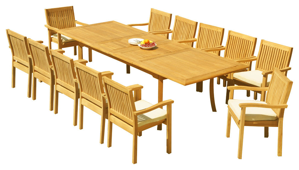 13-Piece Outdoor Teak Dining Set: 117" Rectangle Table, 12 Leveb Stacking Chairs