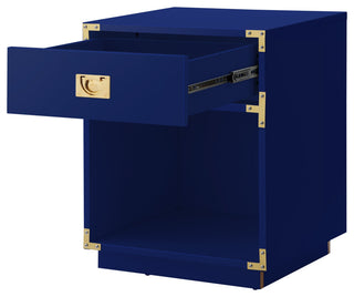 Leandro High Gloss Nightstand With Metal Corner Brackets, Dark Navy