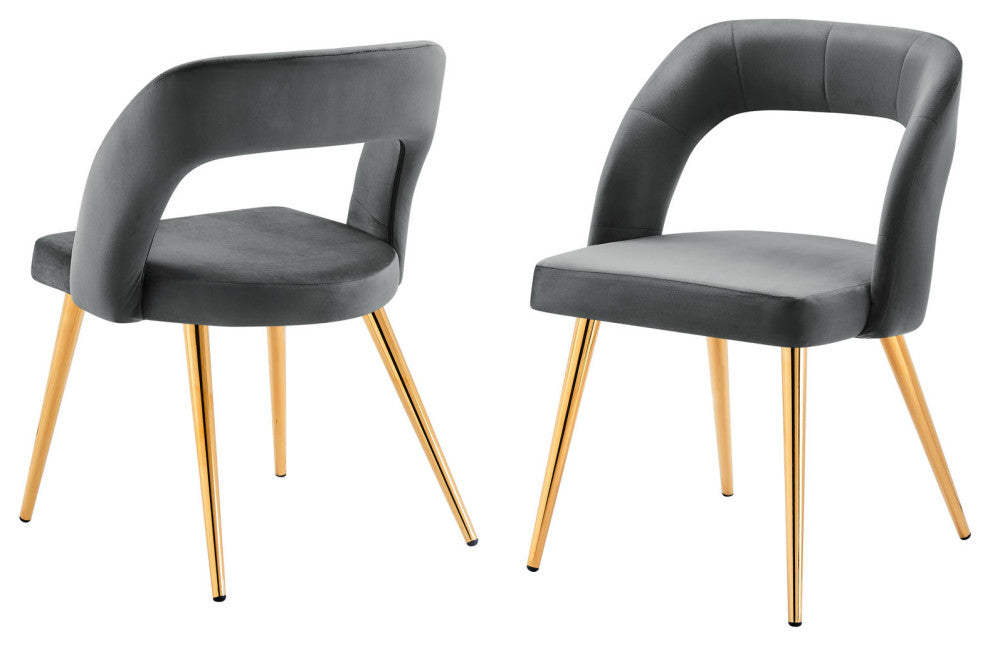 Dining Chair, Set of 2, Gold Gray, Velvet, Modern Cafe Bistro Hospitality