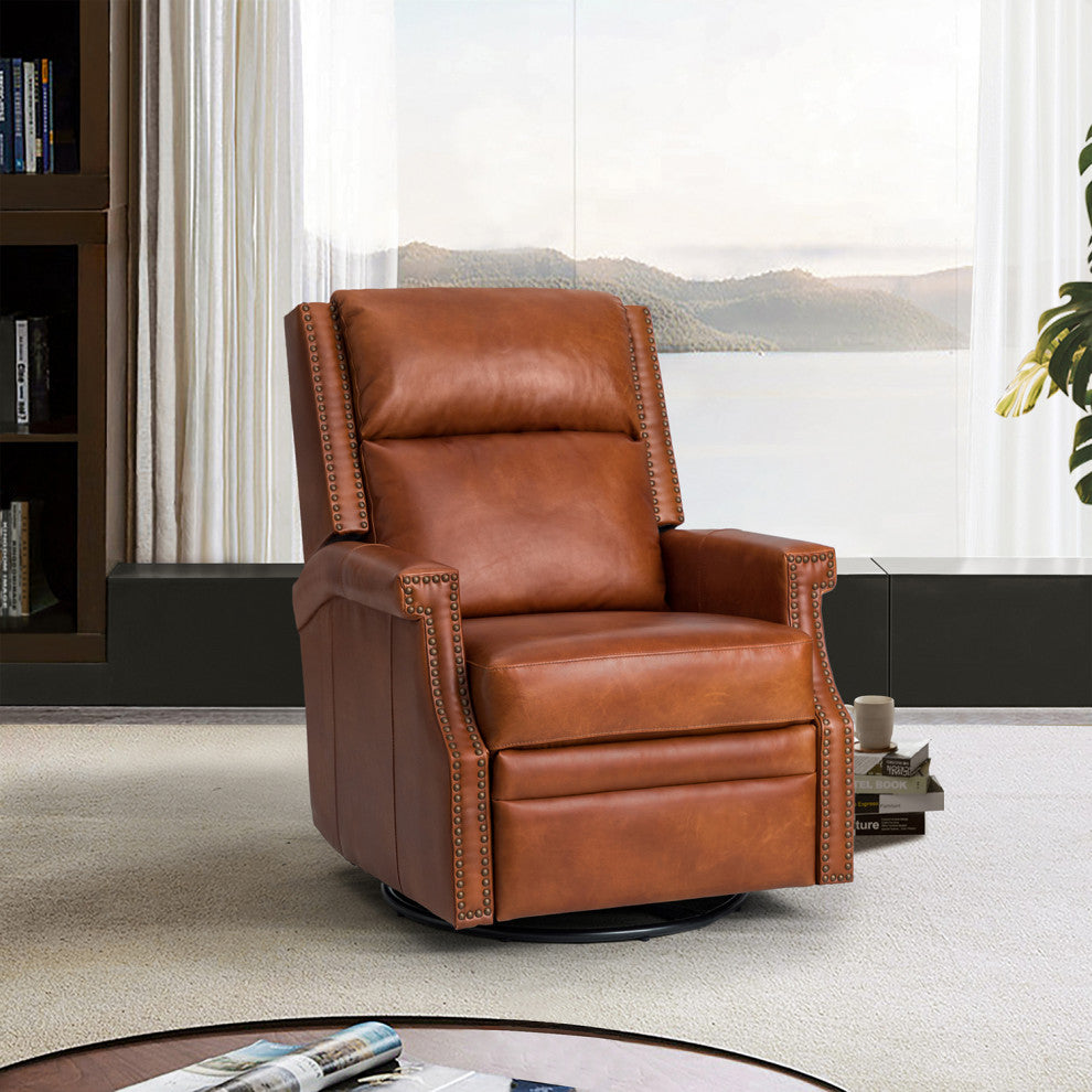 Genuine Leather Swivel Rocker Recliner, Saddle