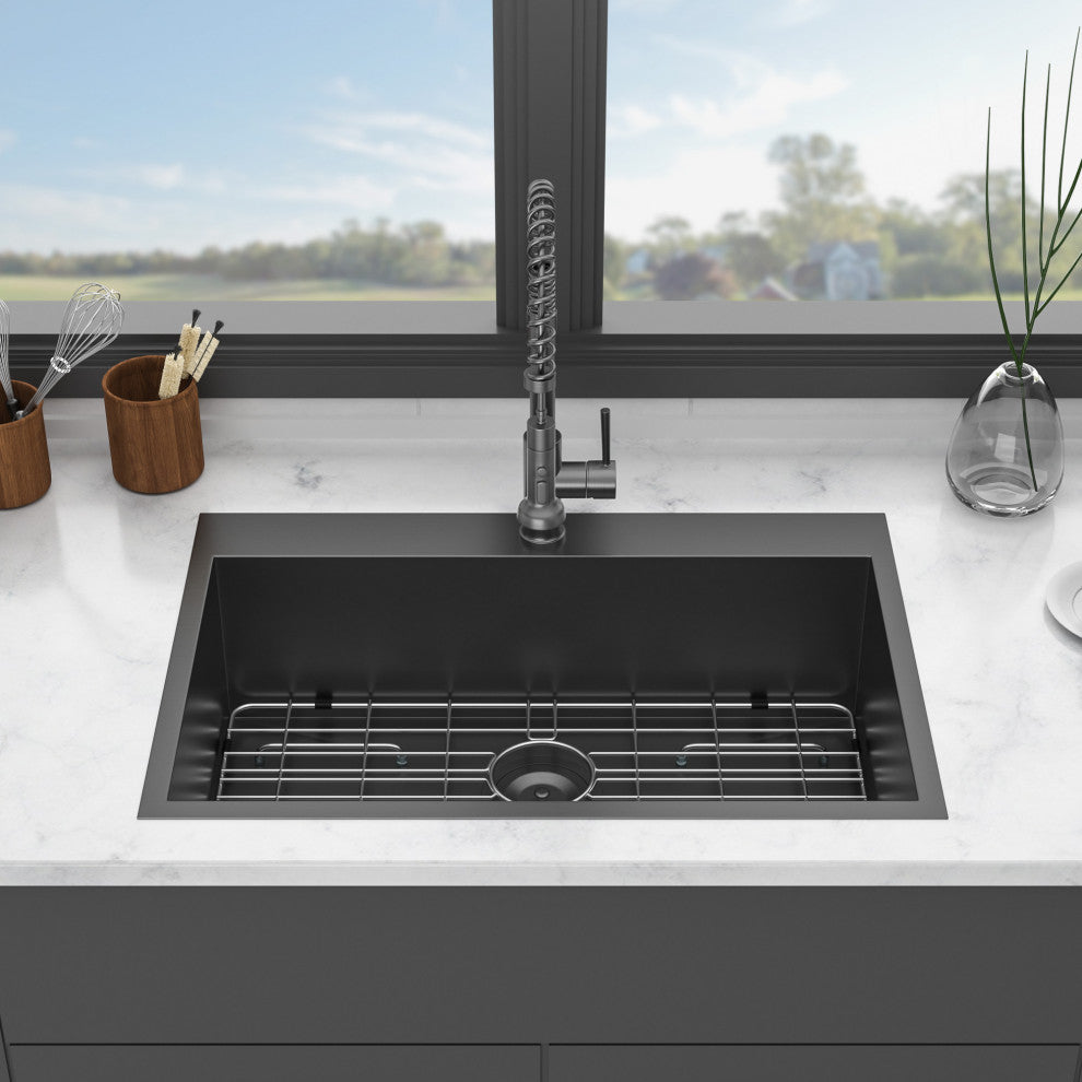 Stainless Steel 33 in. Single Bowl Drop-In Kitchen Sink with Bottom Grid