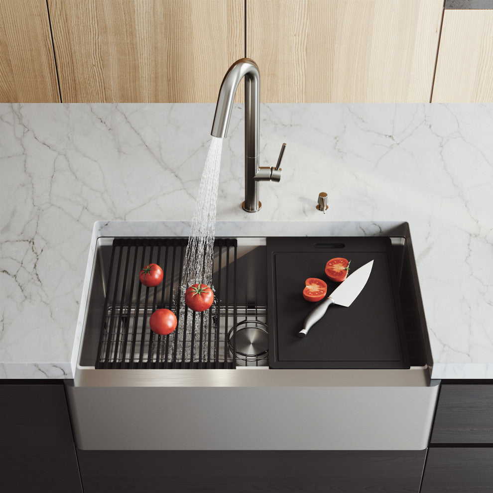 Oxford Single Bowl Flat Apron Farmhouse Kitchen Sink and Accessories, 33" L X 21" W