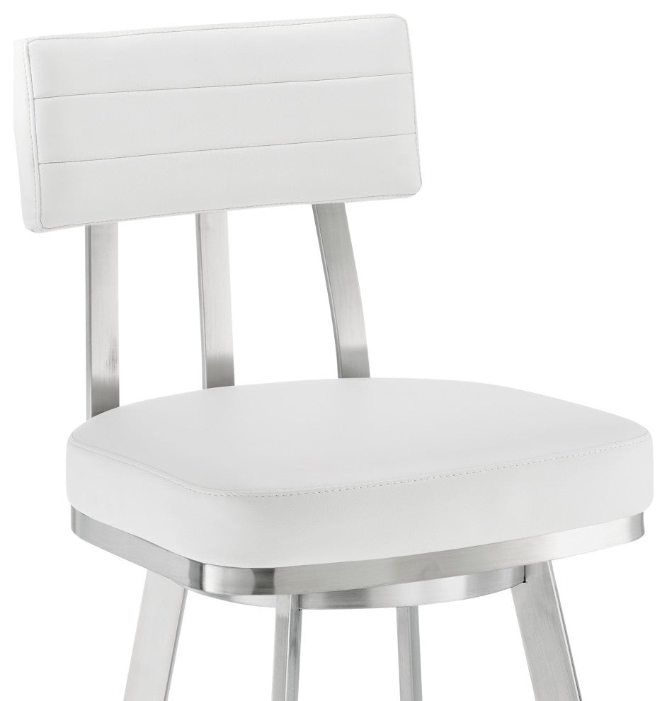 Jinab Swivel Bar Stool, Brushed Stainless Steel With Faux Leather, White