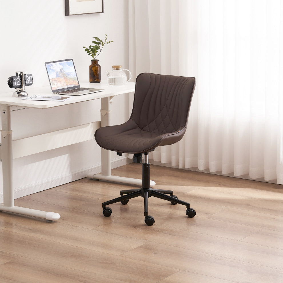 Younike Armless Upholstered Faux Leather Rolling Office Chair, Brown