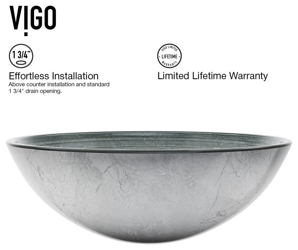 VIGO Giovanni 17"L x 17"W x 6"H Glass Round Vessel Bathroom Sink, Simply Silver