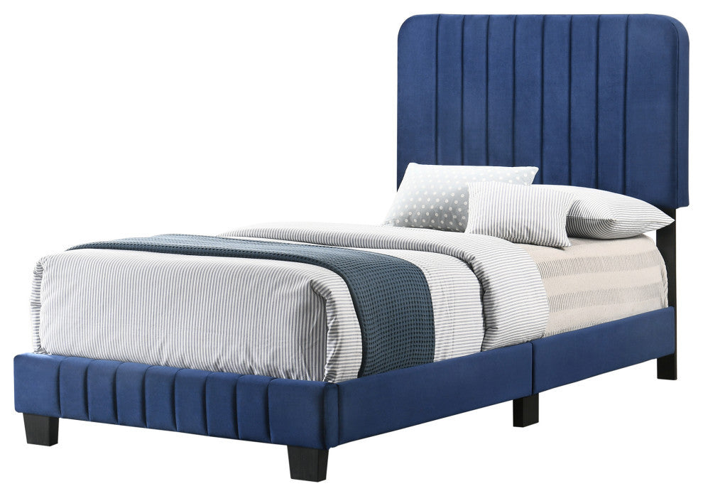 Lodi Velvet Upholstered Channel Tufted Twin Panel Bed, Navy Blue