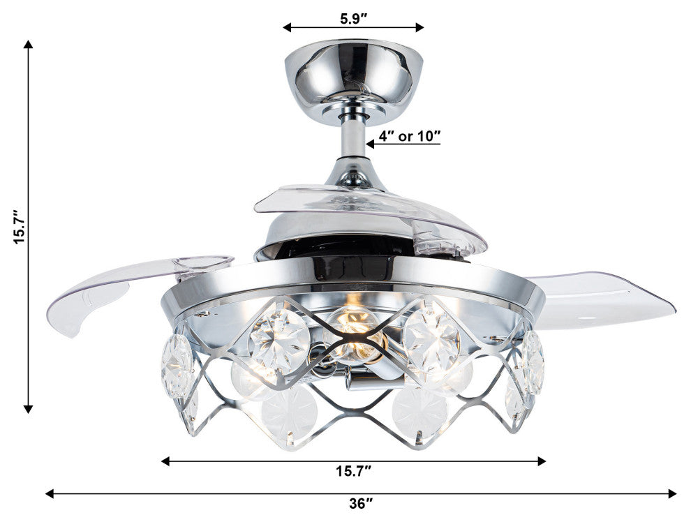 36 in Chrome Crystal Shade Ceiling Fan with Remote, Three Retractable Blades