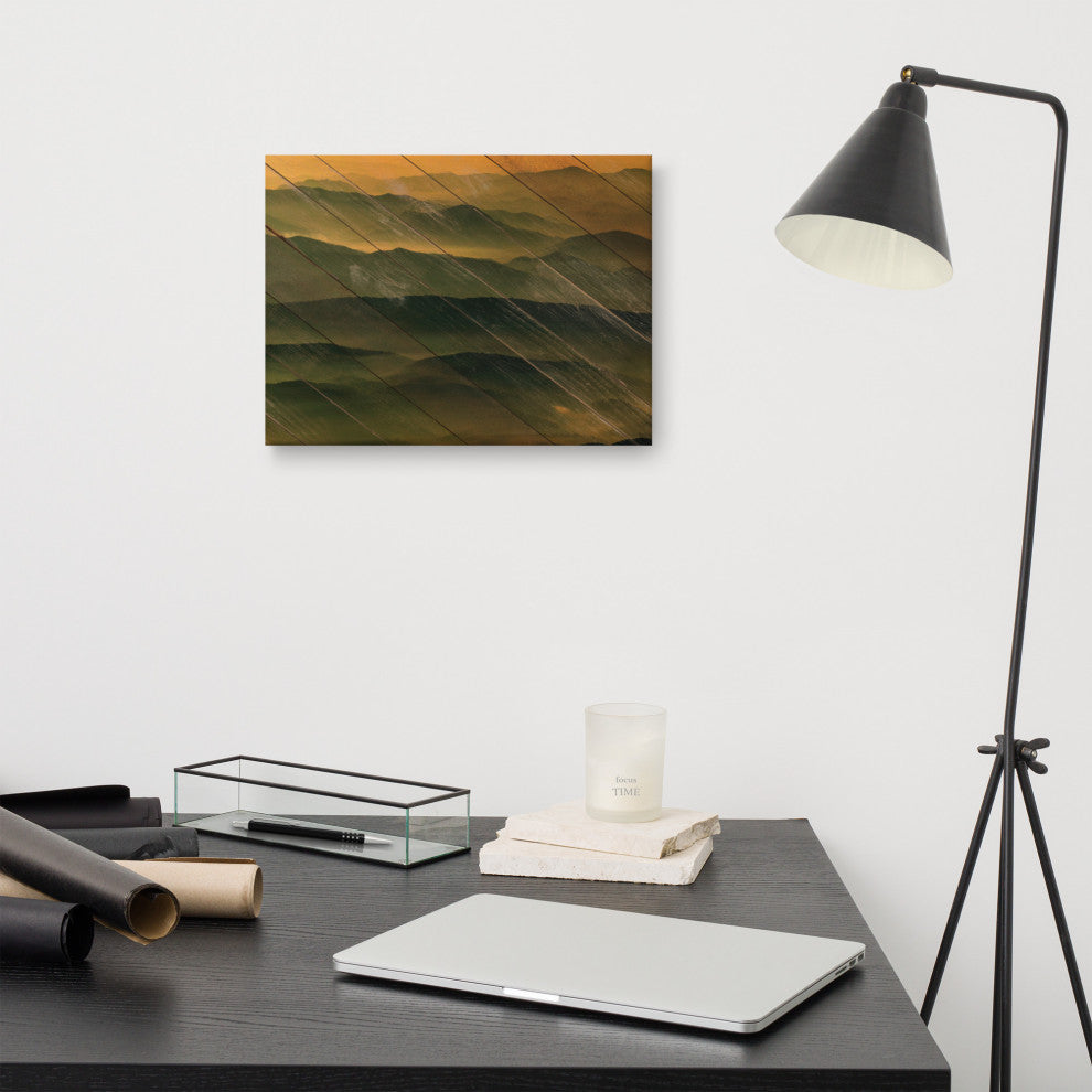 Faux Wood Foggy Mountain Layers at Sunset Landscape Canvas Prints, 12" X 16"