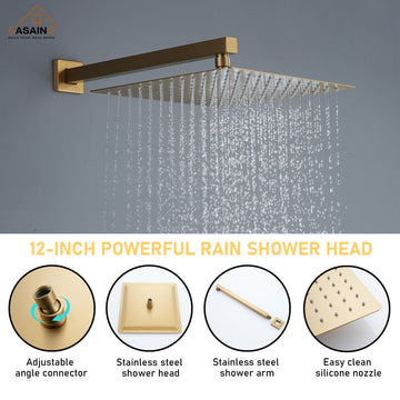 CASAINC 12" Wall Mounted Luxury Shower System Set w 6 Body Jets, Brushed Gold