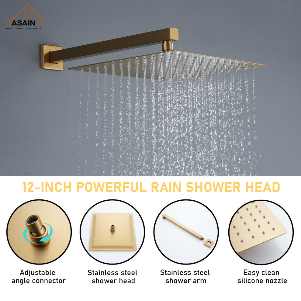 CASAINC 12" Wall Mounted Luxury Shower System Set w 6 Body Jets, Brushed Gold