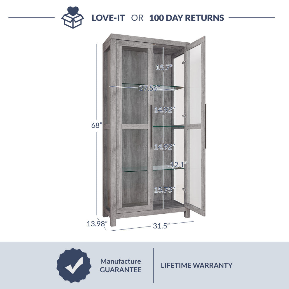 Curio Storage Cabinet with Tempered Glass Doors, Display Cabinet, Gray Wash