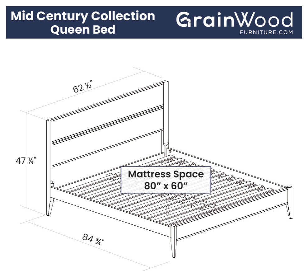 Grain Wood Furniture Mid Century Solid Wood Platform Bed, Brushed Walnut, Queen