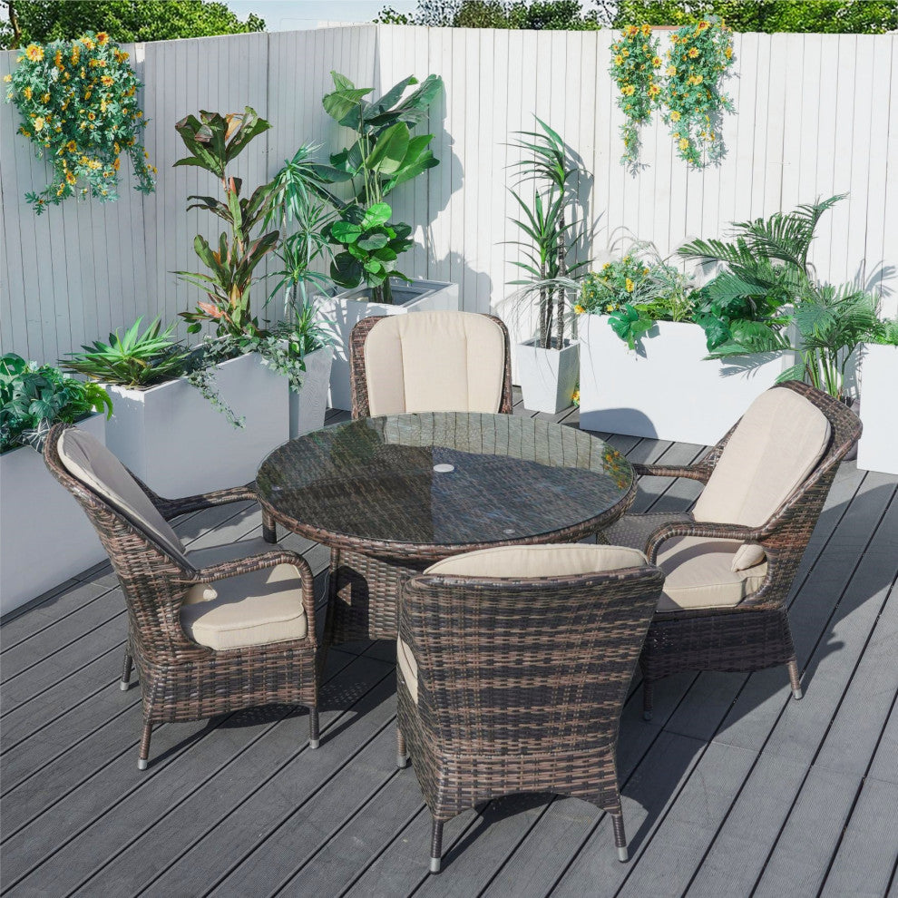 5-Piece Patio Wicker Round Table Dining Set with 4 Cushioned Armchairs