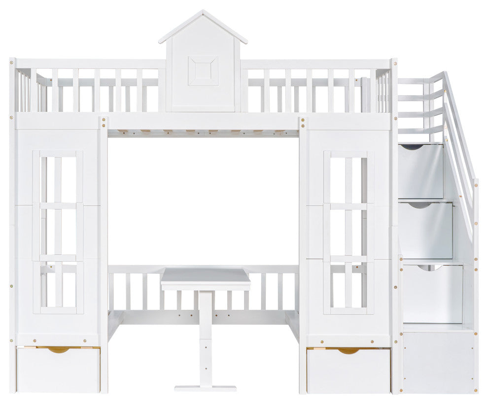 Gewnee Wood Twin-Over-Twin Bunk Bed with Table and Drawers in White