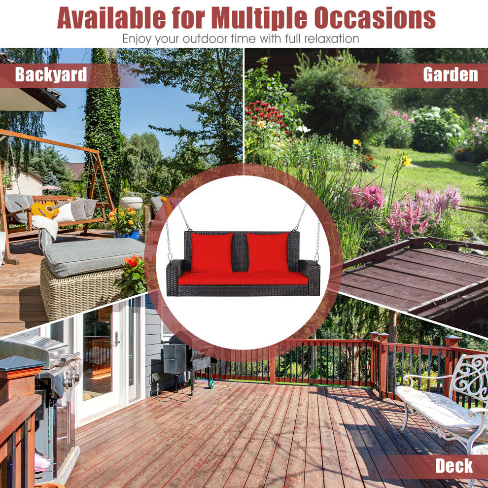 Costway 2-Person Patio Rattan Hanging Porch Swing Bench Chair Cushion Red