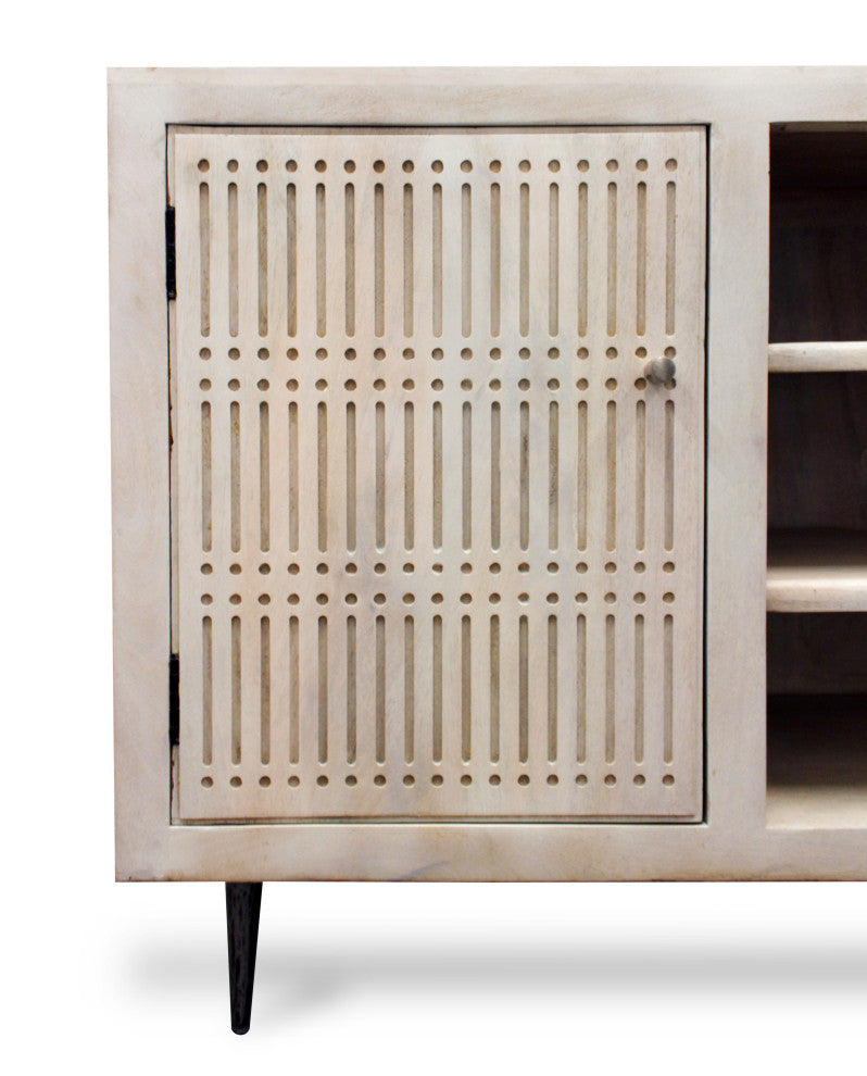 Sarah 2 Door Media Cabinet Mango Solid Wood Brushed Ivory Finish on Iron Base