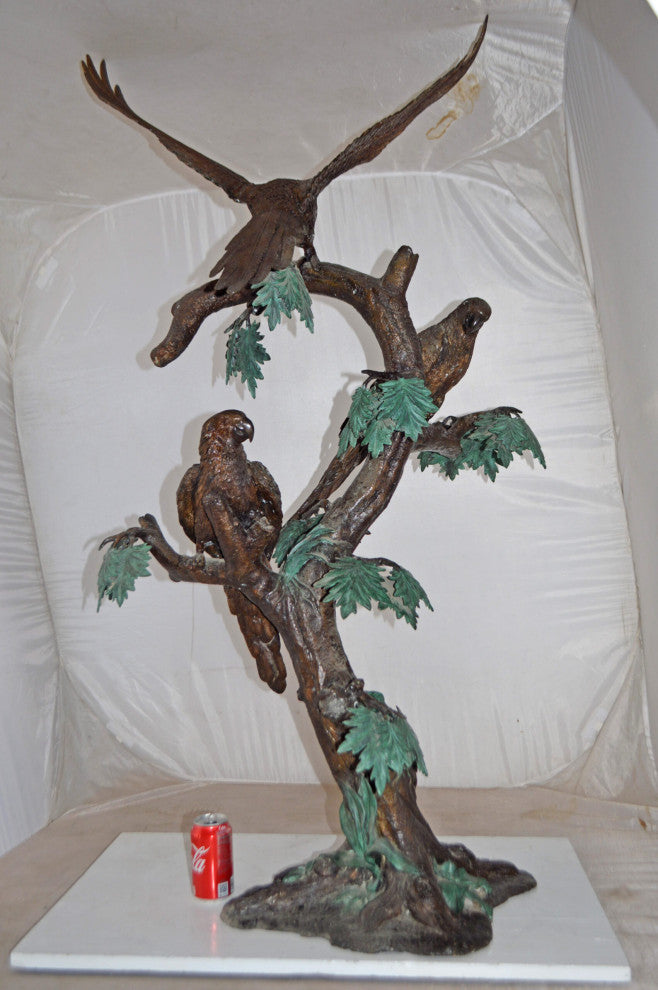 Three Parrots on a Tree Large size Bronze Statue - Size: 25"L x 31"W x 57"H.