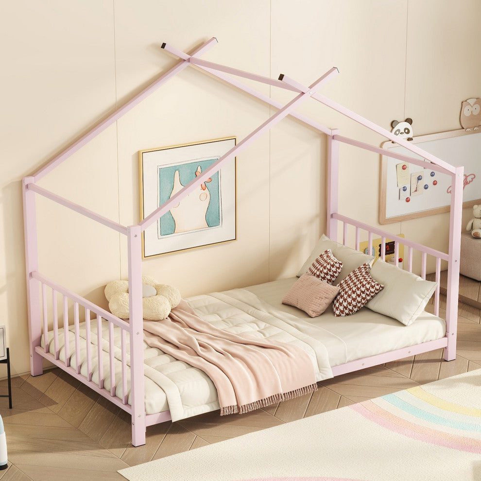 Gewnee Twin Size Metal House Platform Bed, Pink