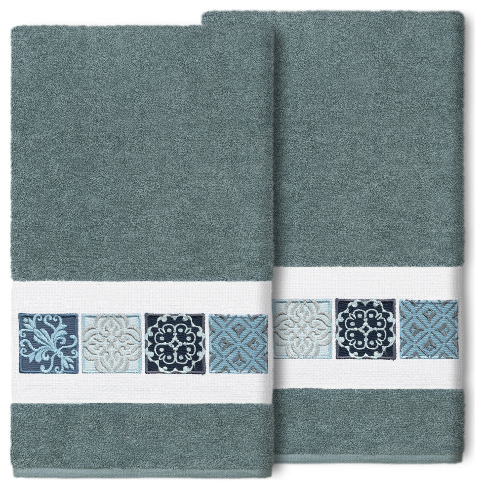 100% Turkish Cotton Vivian 2-Piece Embellished Bath Towel Set, Teal