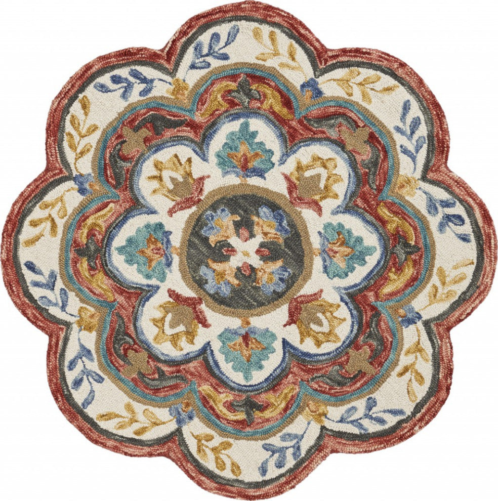 4" Round Red Layered Petals Area Rug