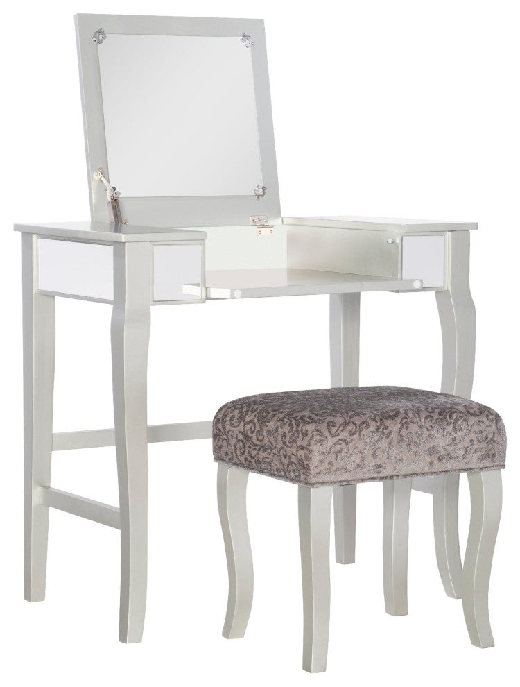 Elegant Vanity Set, Curvy Front Legs, Flip Up Mirror & Mirrored Accents, Silver