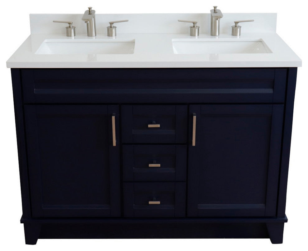 48" Double Sink Vanity, Blue Finish With Engineered Stone Top And Rectangle Sink