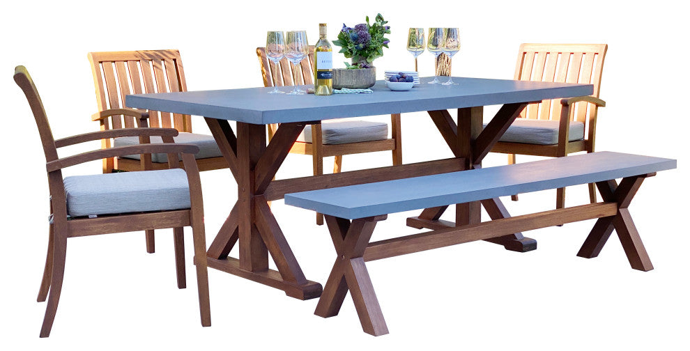 6-Piece Eucalyptus and Composite Dining Set With Stacking Chairs and Bench