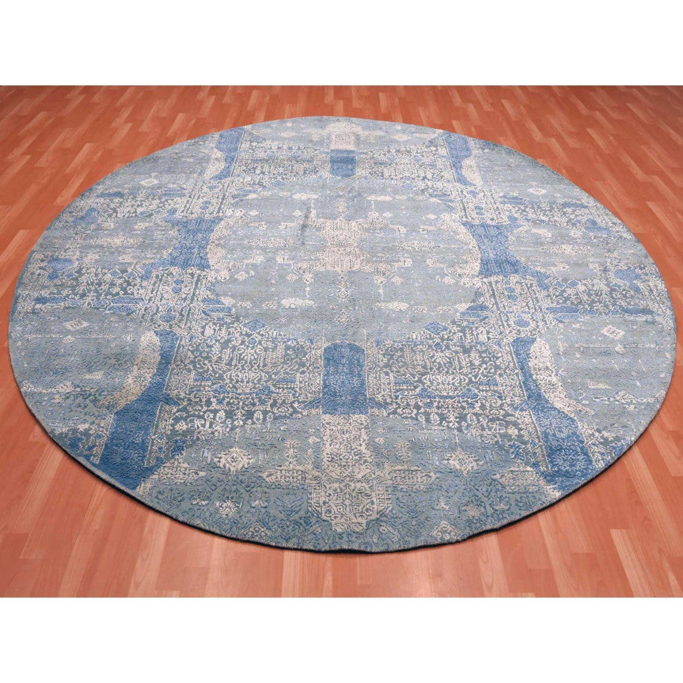 Blue Wool and Silk Jewellery Design Hand Knotted Oriental Round Rug, 10'0"x10'1"