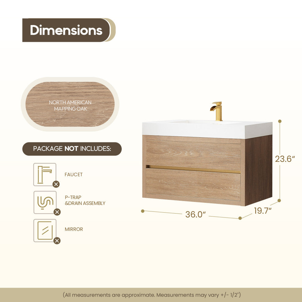 Palencia Floating Bath Vanity With Composite Stone Top, North American Oak, 36", No Mirror