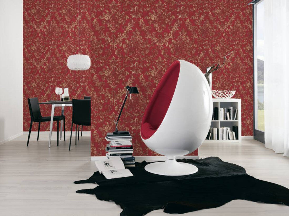 Damask Textured Wallpaper, Ornaments, 374131, Bordeaux Red Gold, 1 Roll
