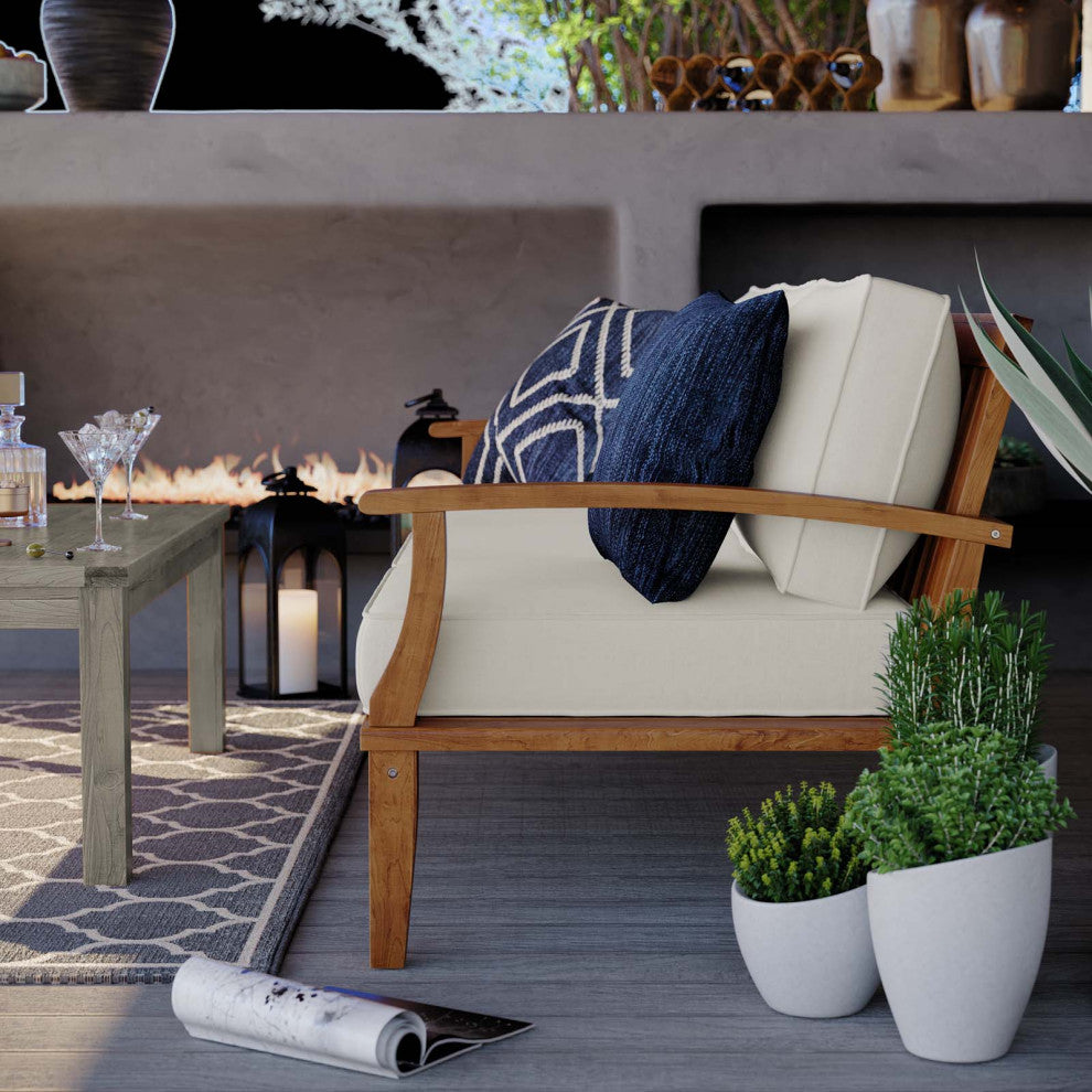 Lounge Sofa, Wood, Brown Natural White, Outdoor Patio Balcony Cafe Bistro Garden