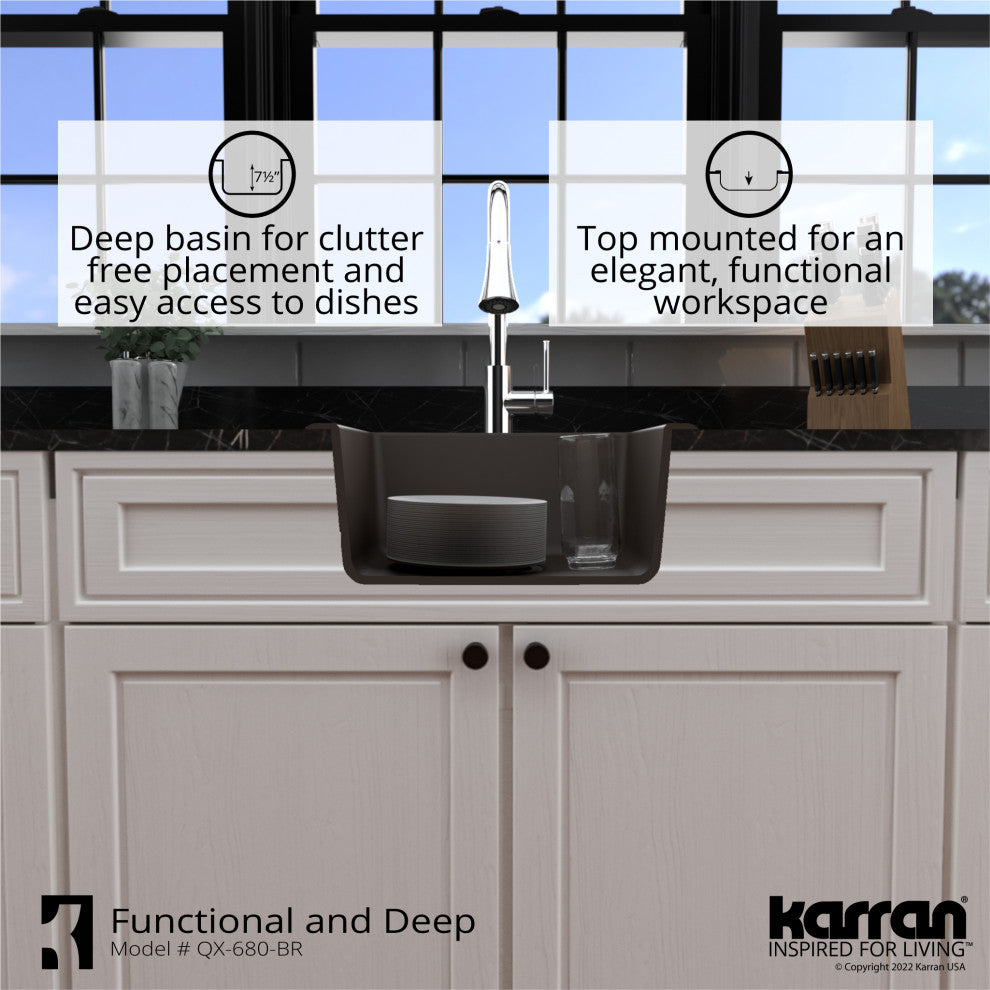 Karran Drop-in or Undermount Quartz 18" Single Bowl Kitchen Sink, Brown