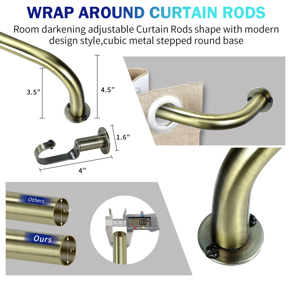 Energy Saving Wrap Around Black Out Return Adjustable Window Curtain Metal Rod, Antique Brass, 48"-84"