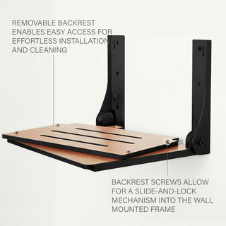 Silhouette Folding Wall Mount Shower Bench Seat, Teak Seat With Matte Black Frame