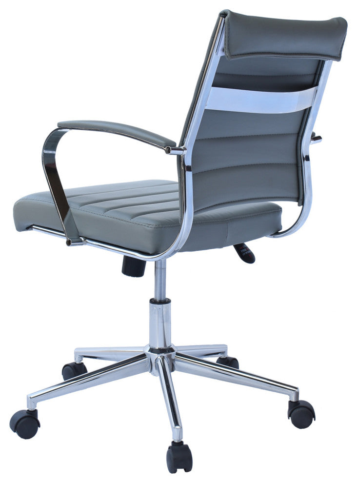 Mid Back Swivel Boss Ribbed PU Leather Office Arm Chair Modern Ergonomic, Gray