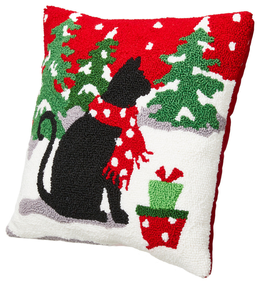 14"L Hooked Christmas Cat Pillow