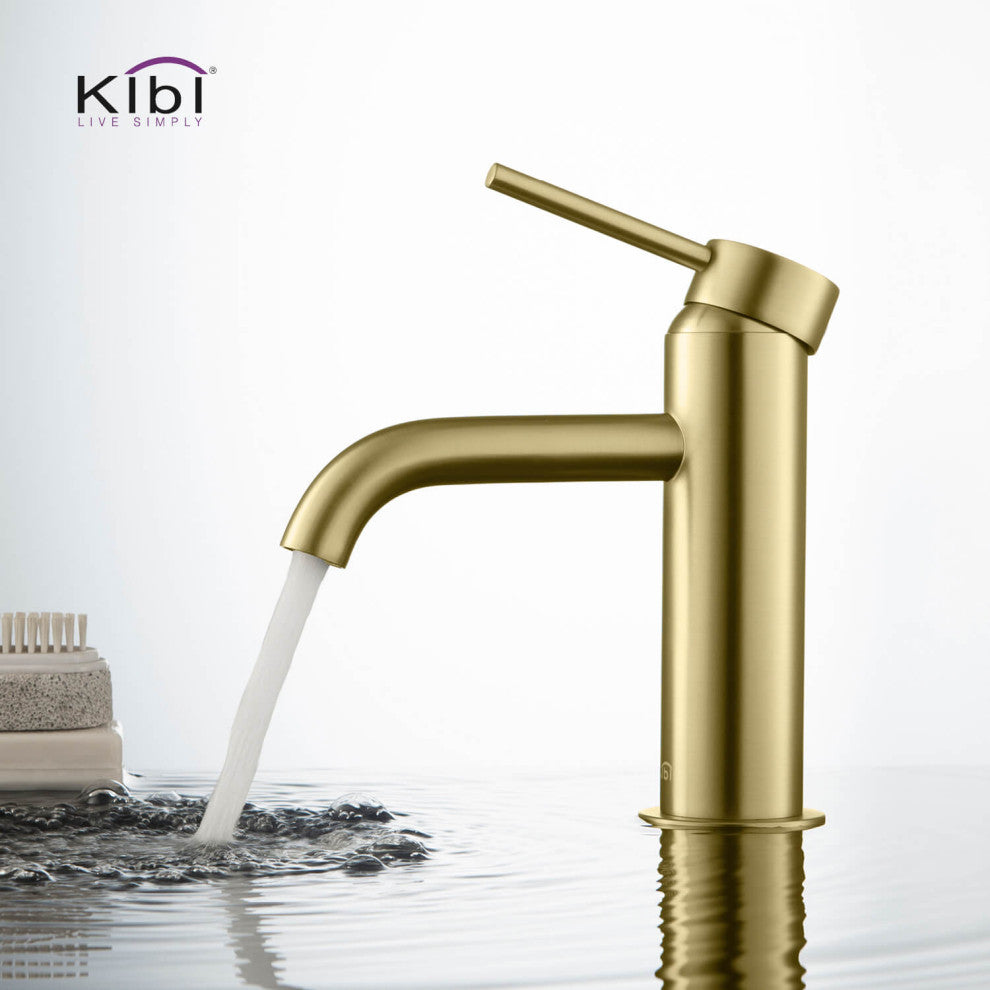 Circular Brass Single Handle Bathroom Faucet KBF1008, Brush Gold, With Drain