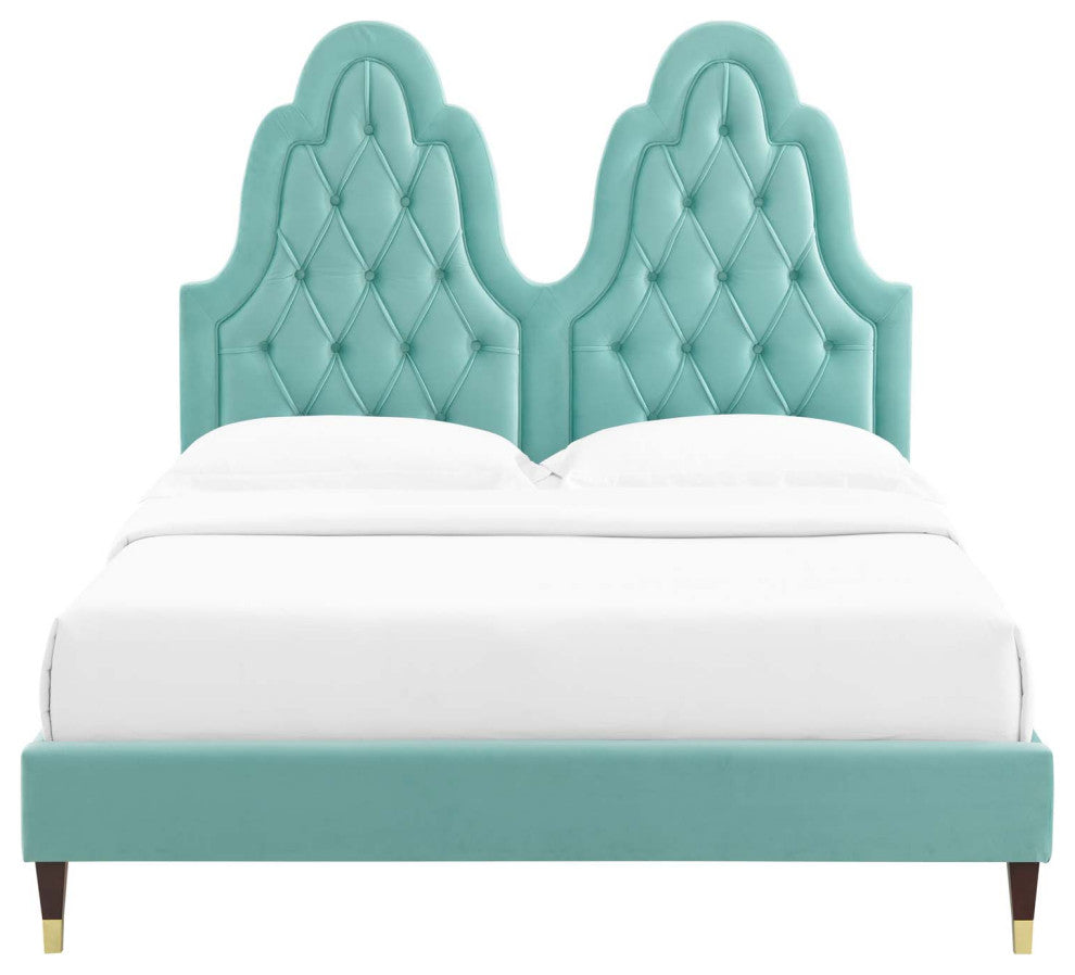 Tufted Platform Bed Frame, Twin Size, Velvet, Blue, Modern Contemporary, Bedroom