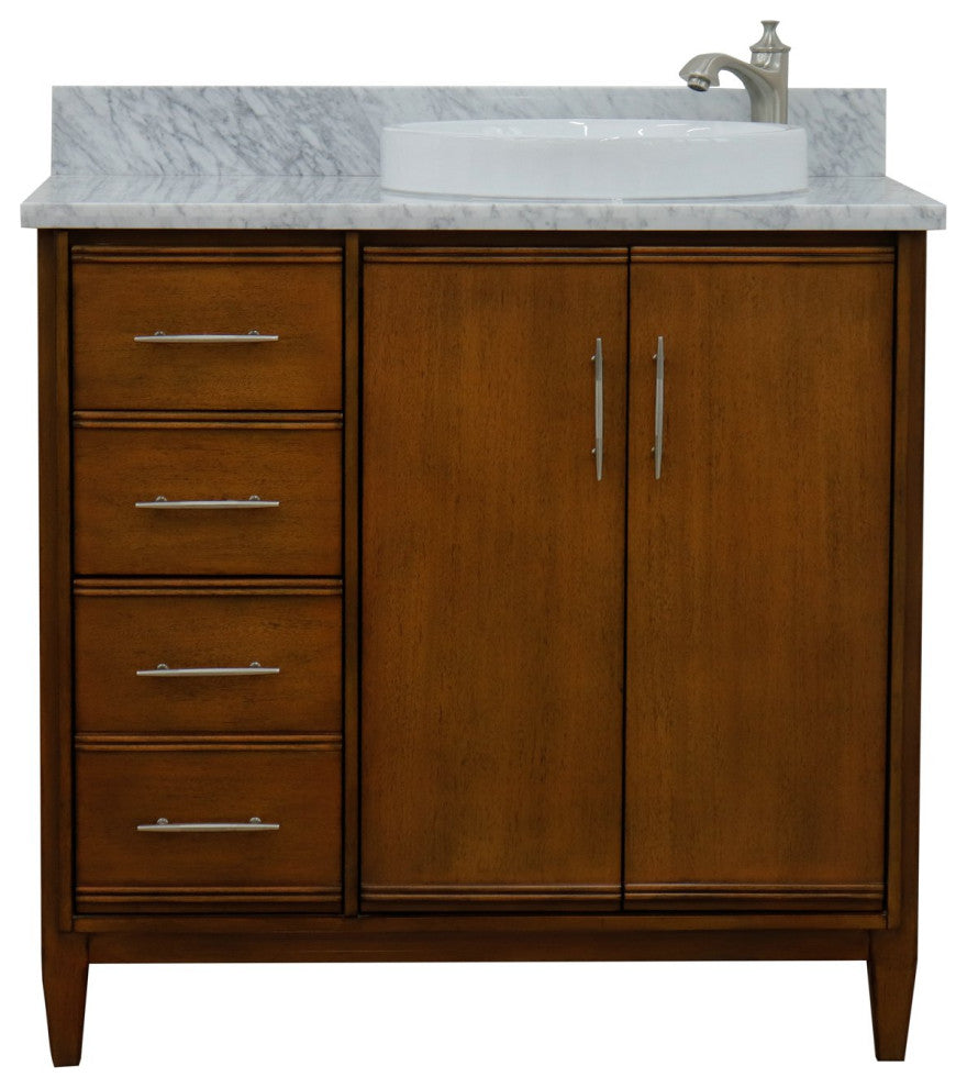 37" Single Vanity, Walnut Finish With White Carrara