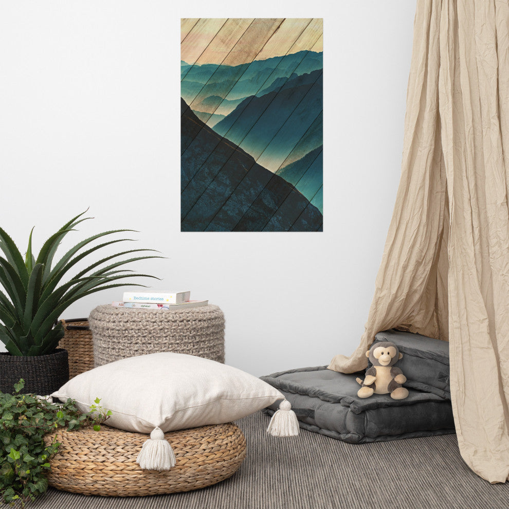 Faux Wood Misty Blue Silhouette Mountain Range Landscape Wall Art, 24" X 36"