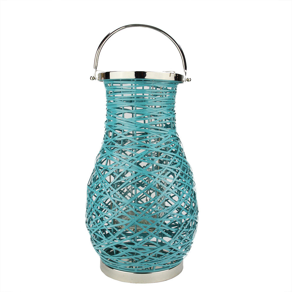 Modern Turquosie Blue Woven Iron Pillar Candle Lantern with Glass Hurricane