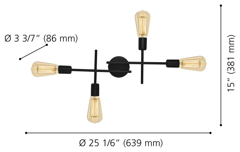 Avondale 4-Light Open Bulb Wall/Ceiling Light, Matte Black Finish